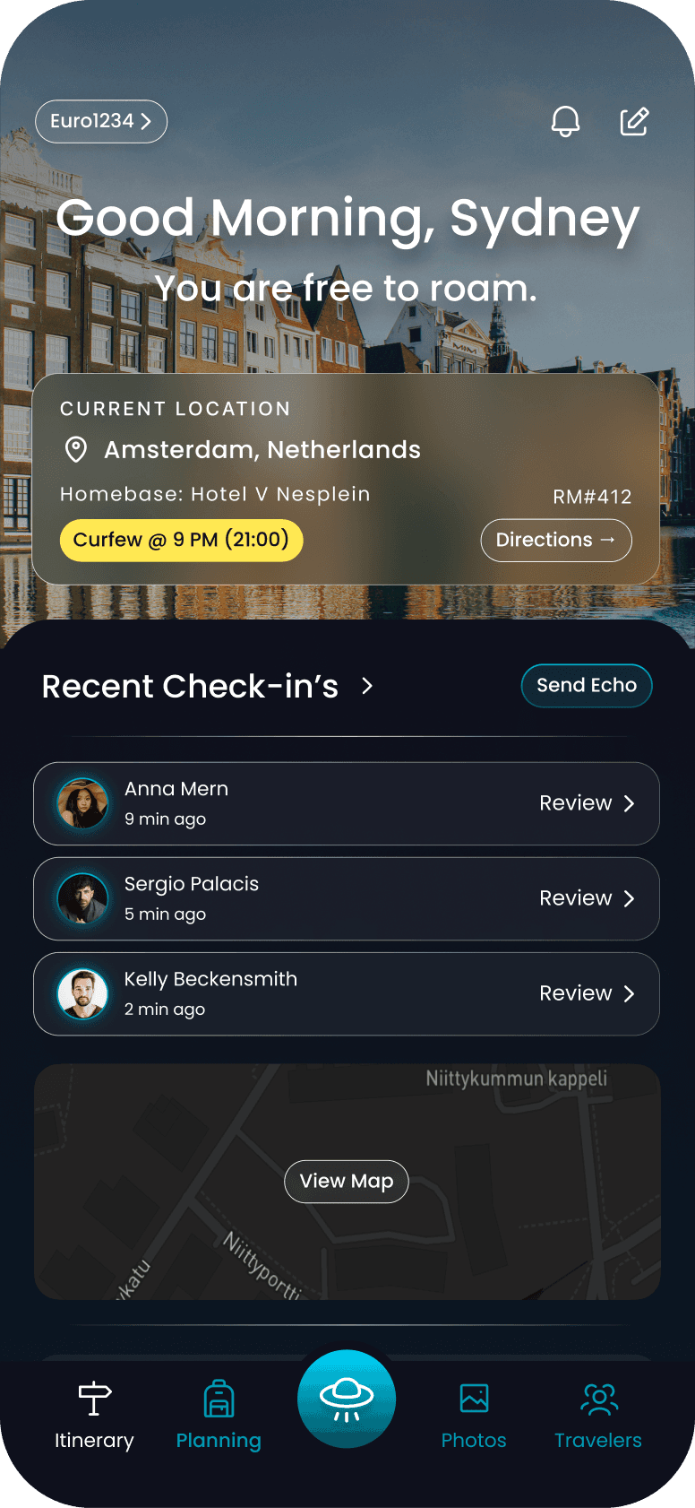 Roamii home screen showing group check-ins in Amsterdam